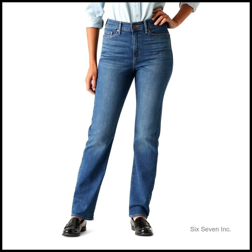 High-Rise Straight Jeans Shaping Tummy Panel Wide Leg Classic Denim